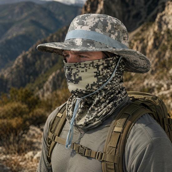 Camouflage Sonnenhut mit Sturmhaube Gesichtsmaske, UV-Schutz Herren Hut mit breiter Krempe, Atmungsaktiver Fischerhut für Outdoor Angeln Wandern Radfahren
