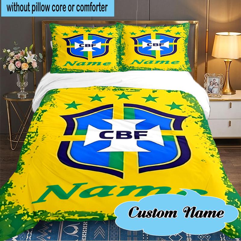 Custom Name Brazilian Football Emblem Bedding Set 3pcs, Bedding Set Including 1pc Duvet Cover And 2pcs Pillowcases for Bedroom, Dormitory Gift