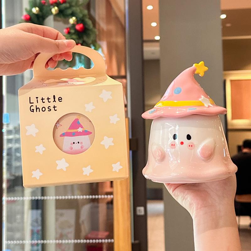 Søt og morsom spøkelseskopp, keramisk jentekopp med lokk, suvenir, praktisk gaveeske til gutter, bursdagsgave.