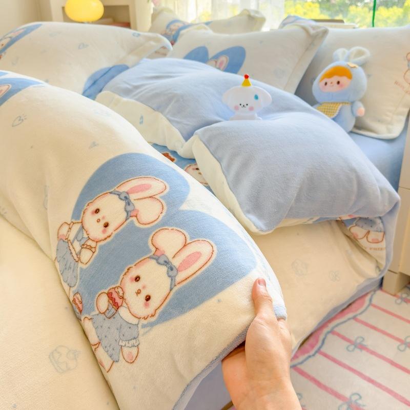 Thickened Milk Fleece Four-Piece Set Double-Sided Fleece Quilt Cover Coral Flannel Bed Sheet Quilt Cover Three-Piece Set Of Bed Hat