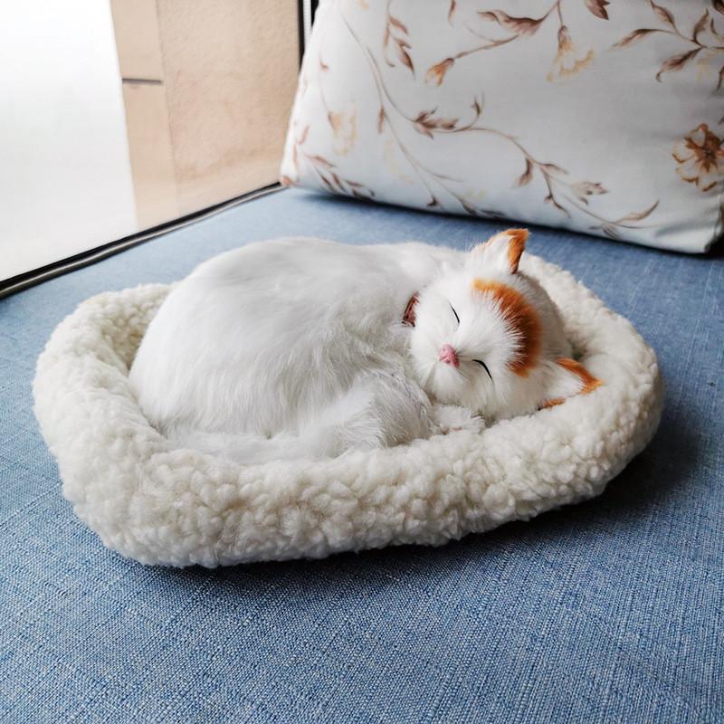 

Realistic Plush Sleeping Breathing Cat Furry Dog With Mat Creative Animals Decor White Brown