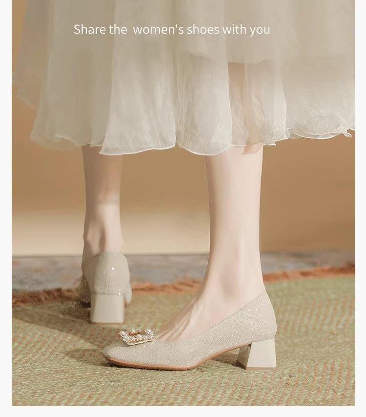 Rhinestone thick heel single shoes women's spring 2025 temperament versatile skirt with mid-heel square head high heels wedding shoes