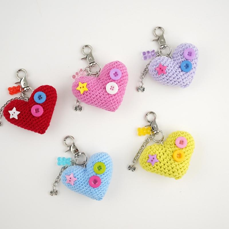 Handwoven Heart Pendant Keychain with Button Bowknot Cute Bear Keyring Handmade Women Jewelry Bag Backpack Accessories