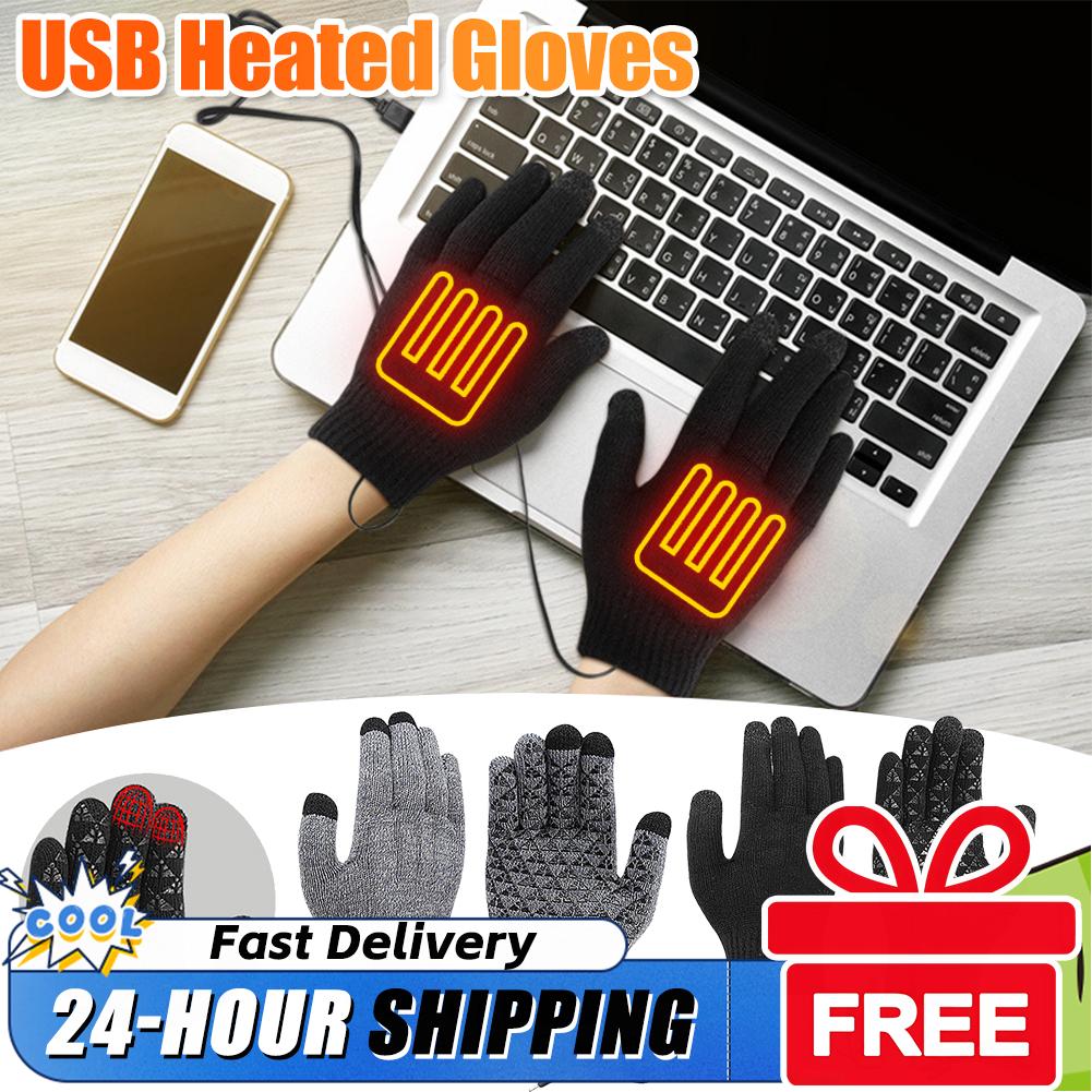 1 Pair USB Heated Full Finger Gloves Winter Warm Thermal Heated Knitted Gloves for Women and Men Cycling Skiing Accessories