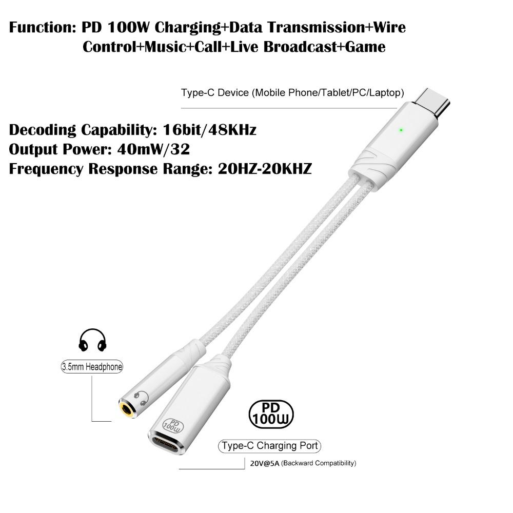 PD 100W Headphone Cable Converter Data Transmission Fast Charging Cord for Mobile Phone Tablet