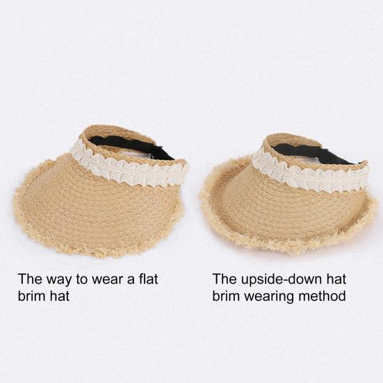 Summer Beach Hat Wide Brim Sun Protection Foldable Portable Straw Hat Tassel Lace Decoration Hollow Weave Hat
