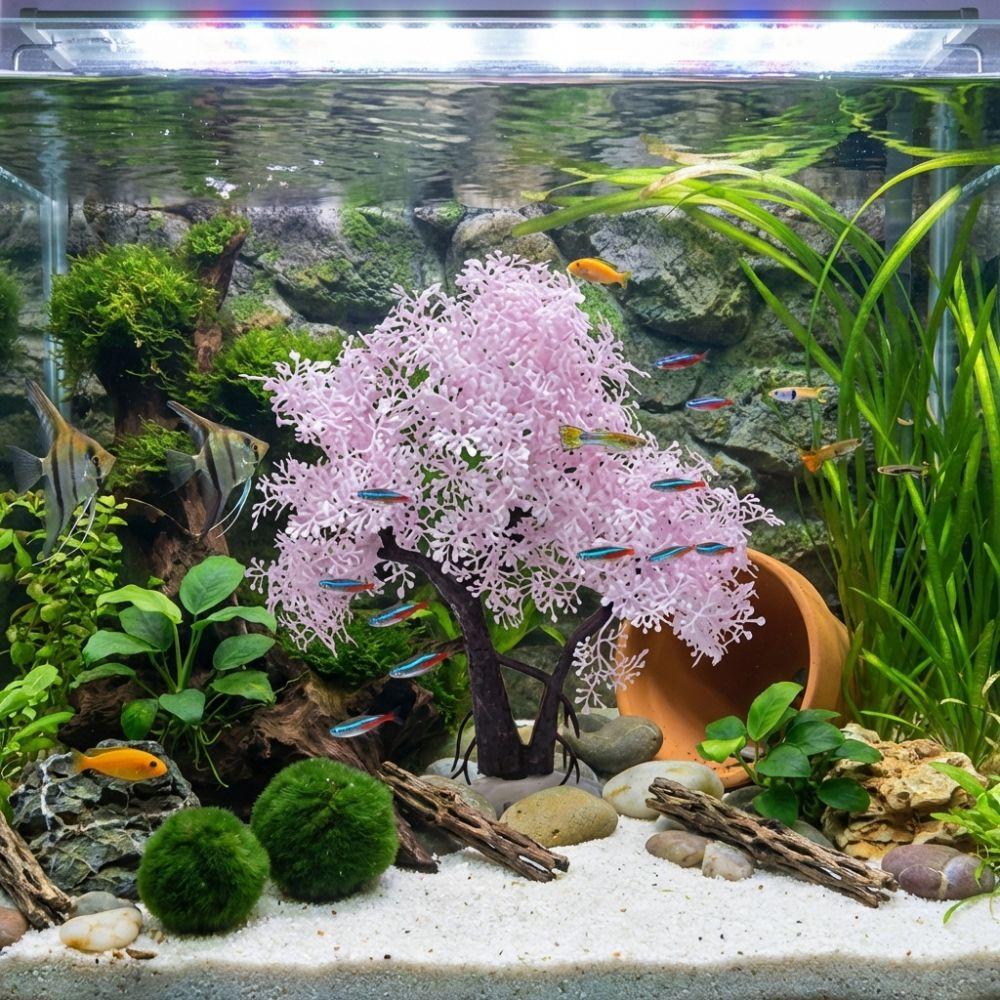 Realistic Aquarium Cherry Blossom Underwater Scene Artificial Plant Landscape Tree  Office Decor