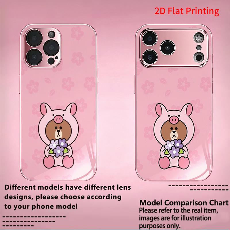2DFlat electroplated tempered glass phone case,Cute Bear in Pink Hoodie with Flowers,suitable for iPhone 18 Pro Max 17 16 15 14 13 12 11