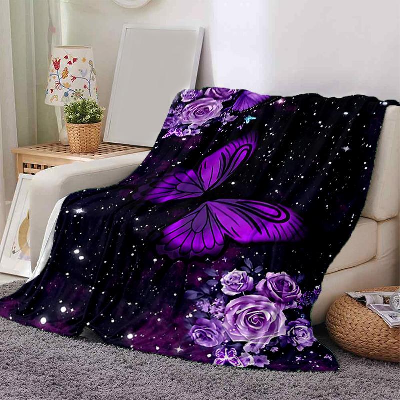 1pc Purple Butterfly & Flowers Galaxy Tapestry Wall Hanging Home Decor, Couch Throw Blanket, Outdoor Blanket .W065