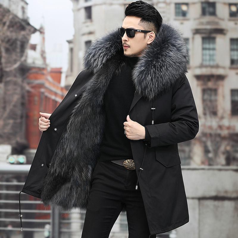 Pie overcome men's winter medium and long fur integrated winter thickened imitation fox fur jacket