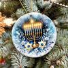 Hanukkah Ornament 2025 – White Elephant Gift, Elegant Menorah & Star of David Ceramic Round Decoration with Blue Floral Design – Festival of