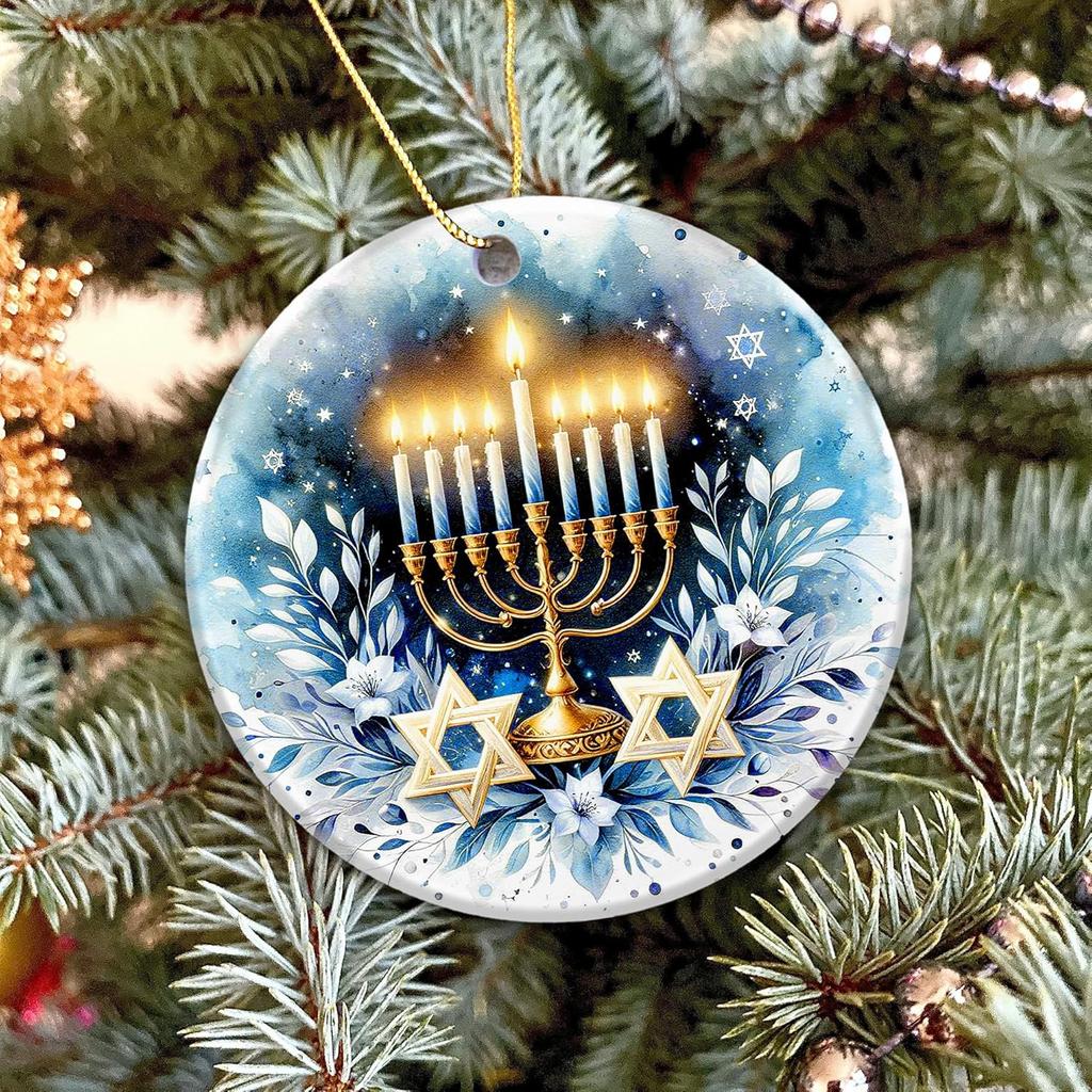 Hanukkah Ornament 2025 – White Elephant Gift, Elegant Menorah & Star of David Ceramic Round Decoration with Blue Floral Design – Festival of