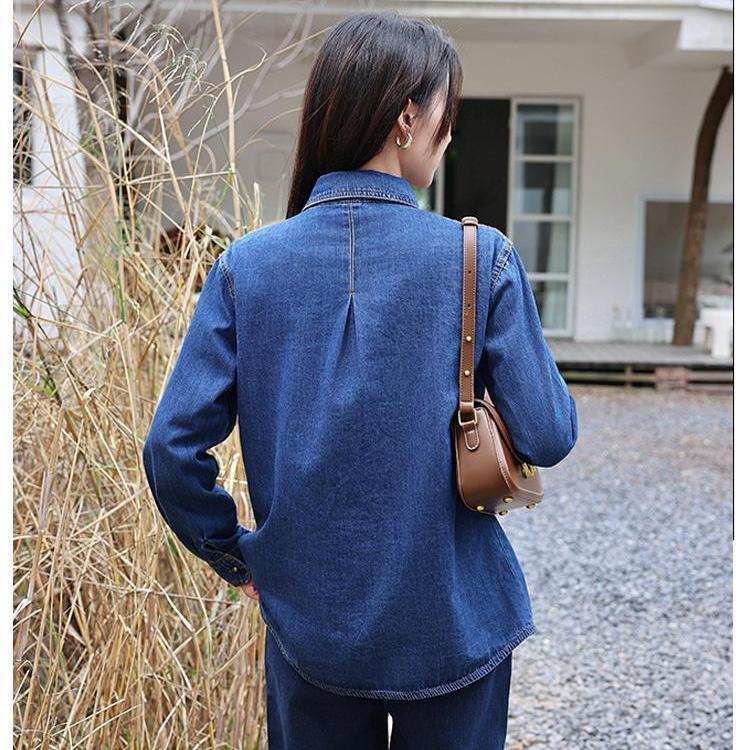Denimskjorte i Hong Kong-stil for kvinner, vår og høst, innvendig lag, underdel, bluse, skjorte