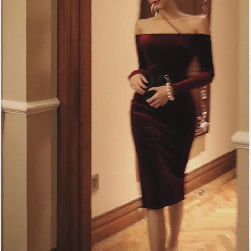 Elegant Burgundy One-Shoulder Velvet Dress, Retro-Inspired Party Skirt