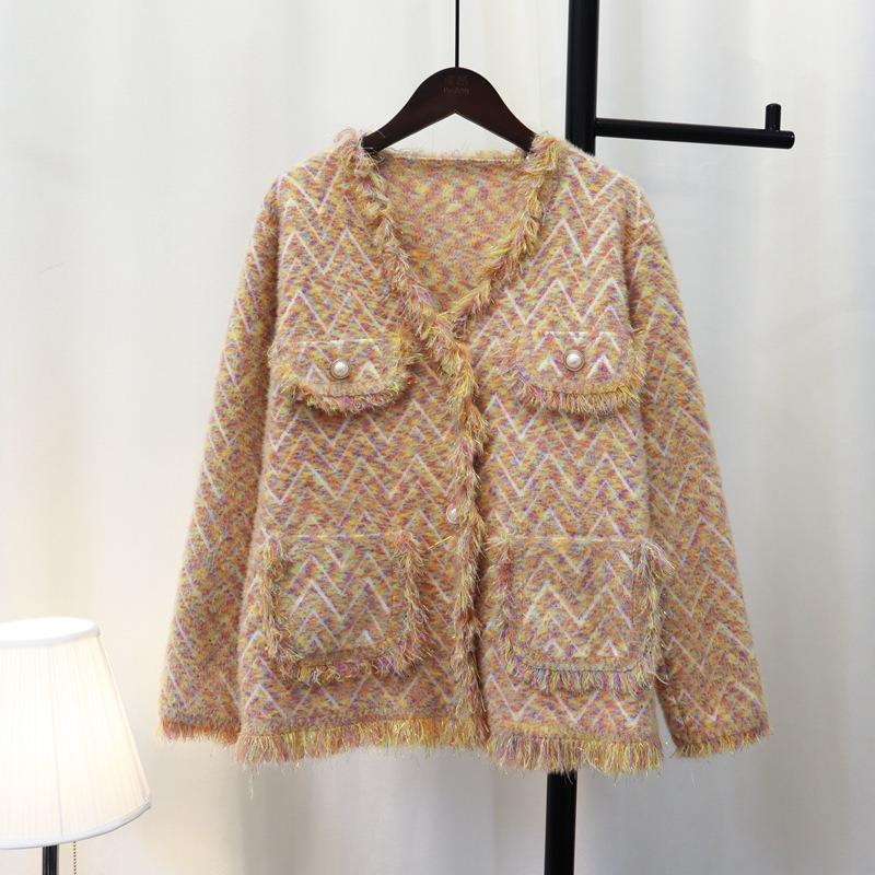 Imitation Mink Velvet Knitted Cardigan Women's Autumn and Winter Loose Retro Niche Sweater Jacket Retro Style