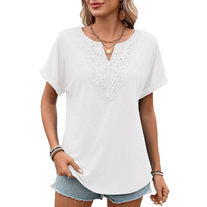 Spring and Summer New Style Solid-color V-neck Lace Loose Short-Sleeved T-shirt for Women