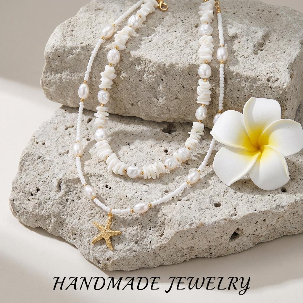 Bohemian White Multilayer Rice Bead Gravel Necklace for Women Baroque Imitation Pearl Gold Starfish Chain Beach Jewelry Gift