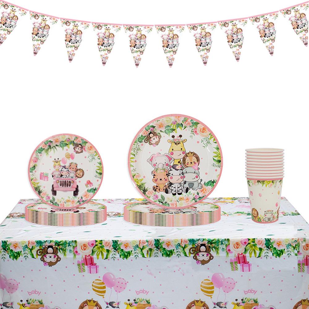 Pink Jungle Animals Party Tableware Set: Plates, Cups, Napkins & Tablecloths.