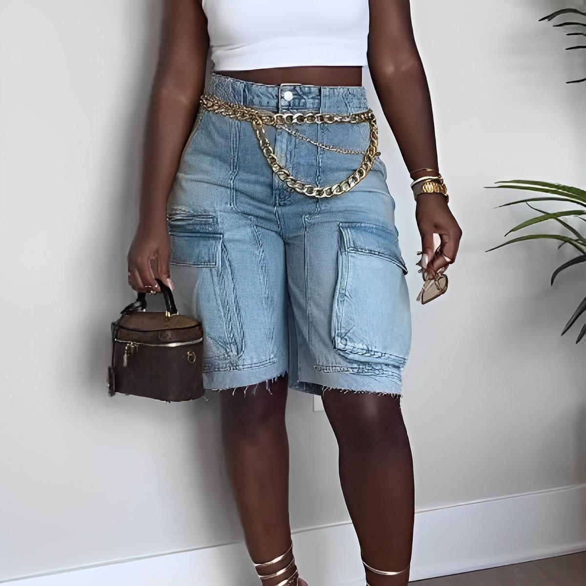 

Джинсы GMXIA весна-лето с рваными краями и карманами-карго L светло-синий