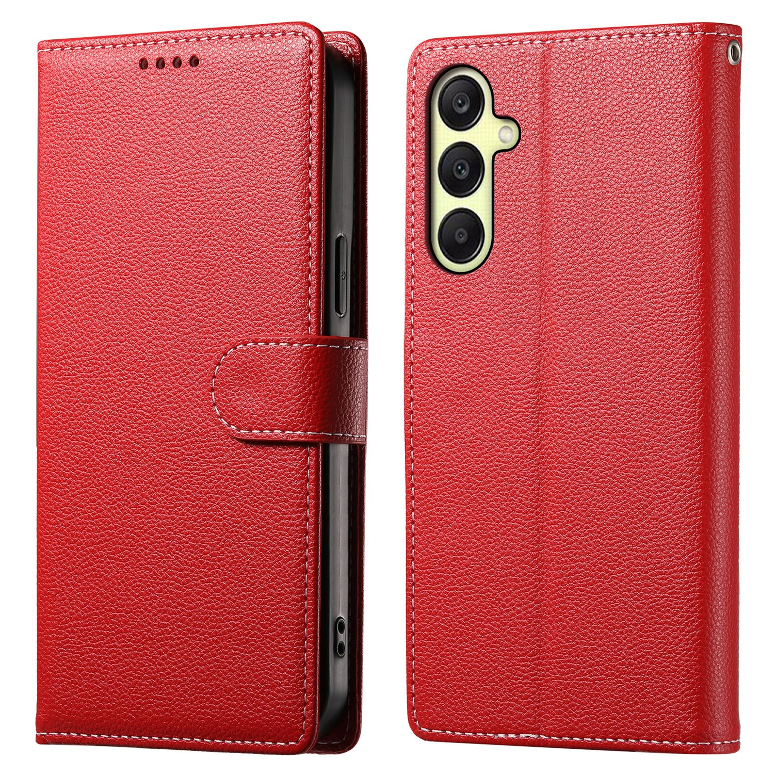 

DF-012 For Samsung Galaxy A26 5G Case Litchi Texture Leather Magnetic Clasp Wallet Stand Phone Cover with Wrist Strap Red