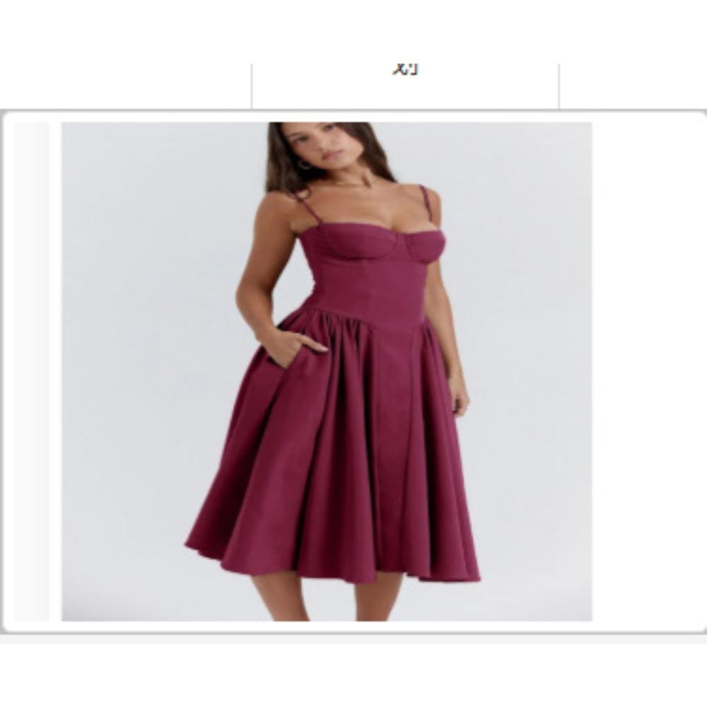 Women's Spaghetti Strap Midi Dress Solid Bustier High Waist Flared Swing Mid-Calf Sundress