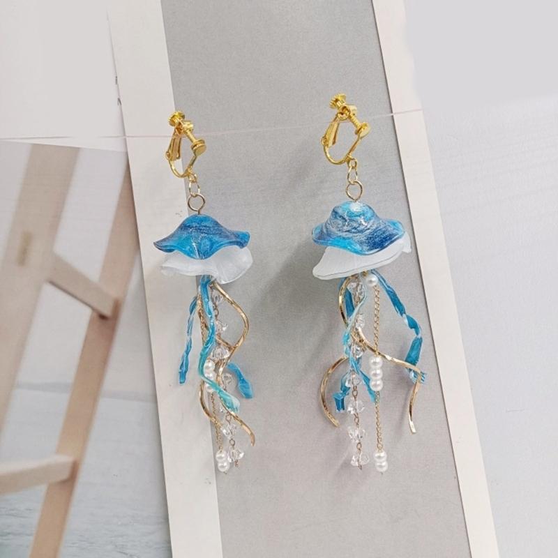 Handmade Elegant Blue Jellyfish Earrings Craft from Acrylic Materials for Casual Outings and Beach Vacations Daily Use