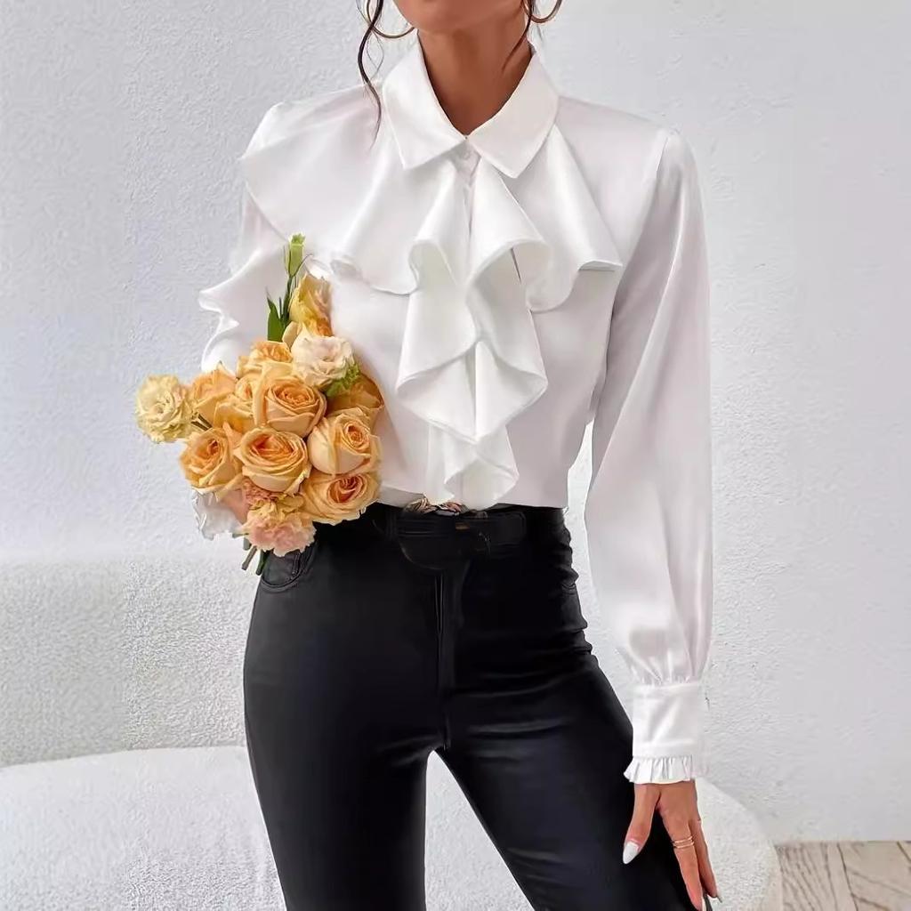 Frühling Herbst Hemden Mode Weiß Rüschen Elegant Bluse Oberteile Damen Langarm Revers Damenhemd Einfarbig Büro Damen Oberteile