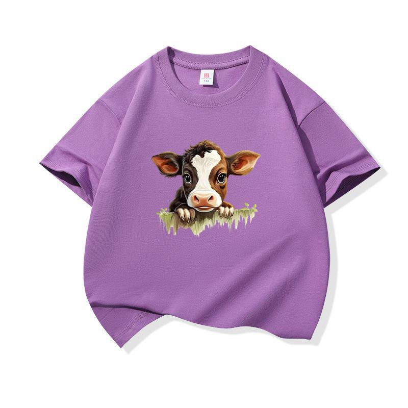 Kids Cotton T Shirt Cute Baby Cow Peeking Over Grass Print Crew Neck Short Sleeve Tee Casual Boys Girls Summer Tops