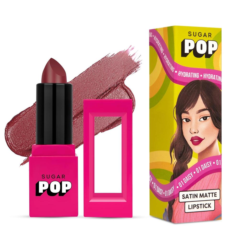 SUGAR POP Satin Matte Lipstick 01 Daisy Highly Pigmented Long Lasting Weightless Lip Color Creamy Hydrating Makeup For Women