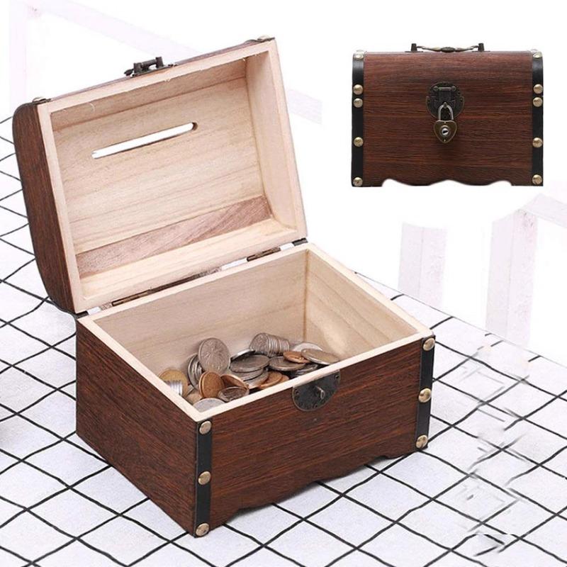 Wooden Money Box Piggy Bank Retro Wooden Home Decoration Ornament