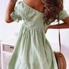 Spring Summer Women's Casual Off-Shoulder Dress with Ruching, Bubble Sleeves, Midi-Length, Stretchy, Elegant Ruffles