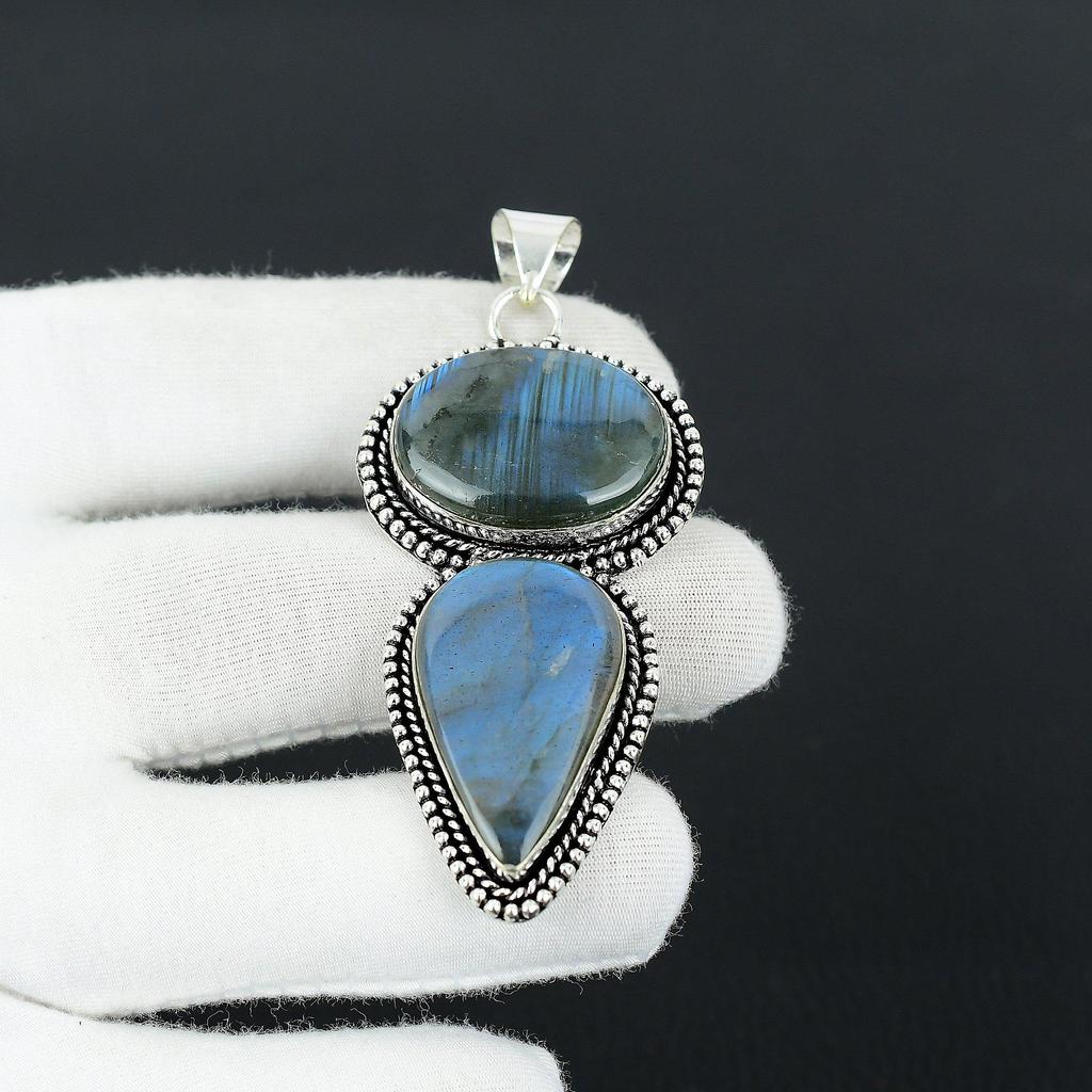 Flashy Labradorite Gemstone Handmade 925 Sterling Silver Jewelry Pendant, Double Stone Pendant, Holiday Gift for Her Jewelry for Special Occasions