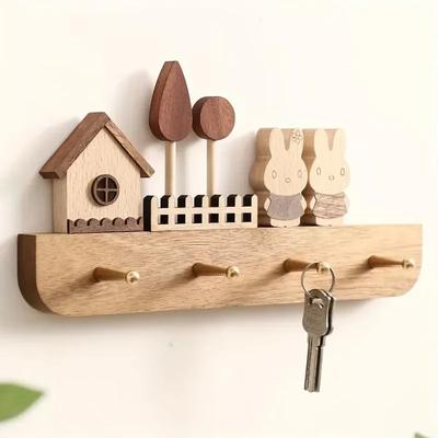 Handcrafted Wooden Key Hook Set with Cute Rabbit Figurines - Wall Mounted, Polished, and Stylish for Your Entryway