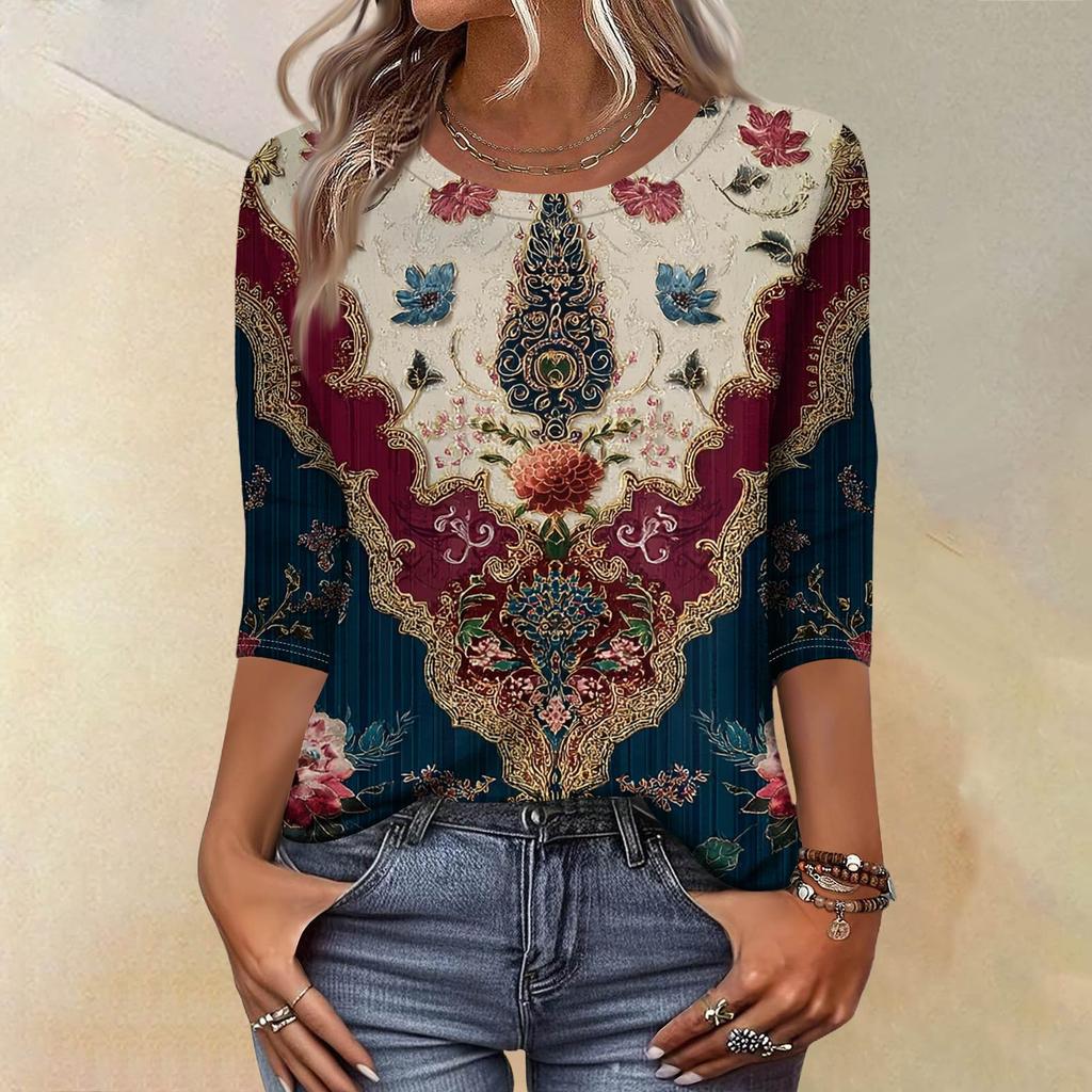 Módní vintage top s 3/4 rukávem pro ženy, dámská ležérní halenka s tříčtvrtečním rukávem a kulatým výstřihem s potiskem