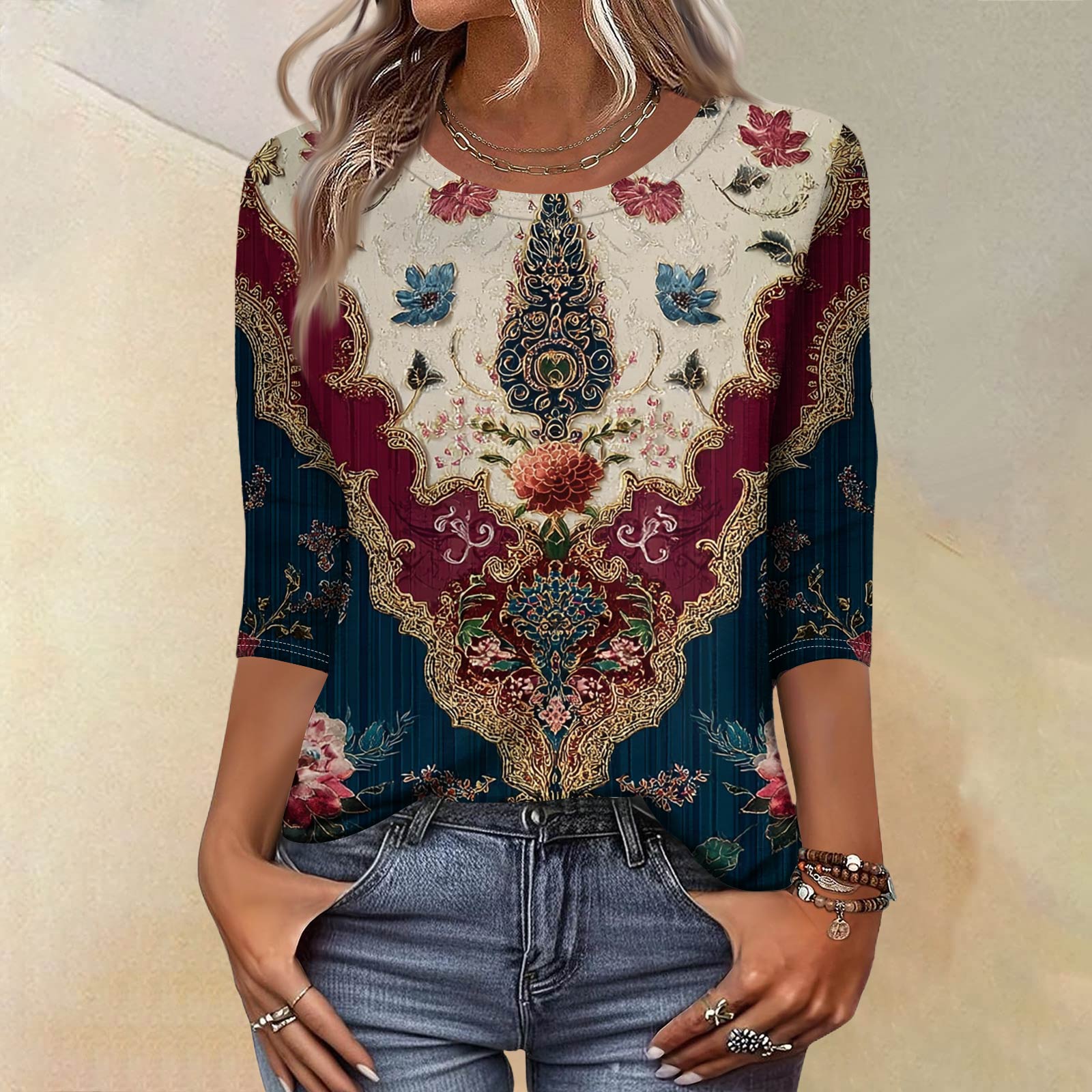 

Модный винтажный топ с рукавом три четверти для женщин, женская повседневная блузка-футболка с круглым вырезом и принтом M