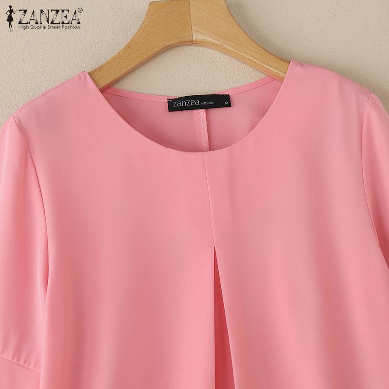 ZANZEA Women Casual Round Neck Ruffles 3/4 Sleeve Loose Blouse