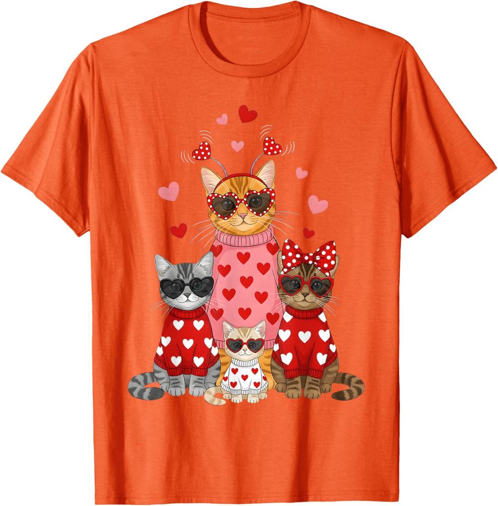 Lustiges Valentinstag Katzen Familie Grafik T-Shirt Niedliche Kätzchen Liebhaber Rundhals T-Shirt