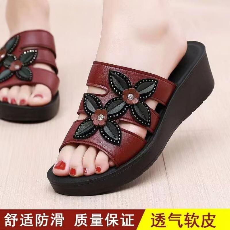 

2025 new wear non-slip in the elderly women sandals purchase slope heel thick bottom soft leather mother slippers 40 бордовый