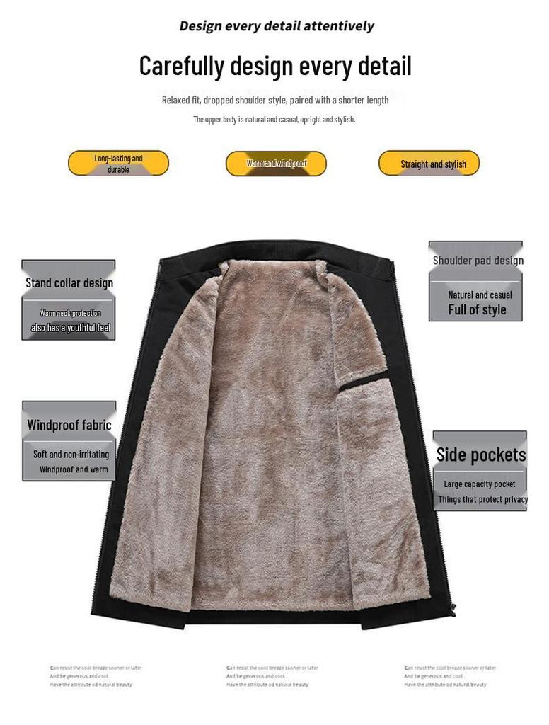 Men's Autumn/Winter Plus Velvet Jacket: Middle-Aged & Elderly, Warm Thick Stand Collar, Solid Color, Business Casual, Plus Size Outerwear.