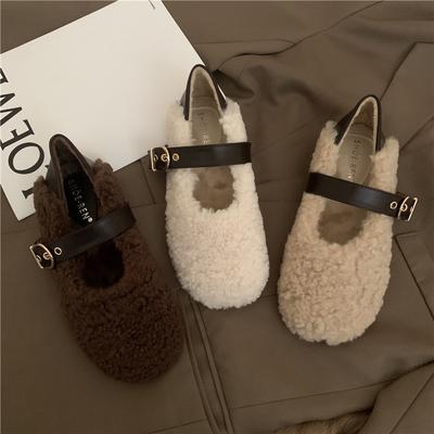Fashion Lambswool Moccasins Femme Metal Buckle Belt Plush Flats Warm Cotton Loafers Curly Sheep Fur Mary Janes Winter Shoes Women 2025