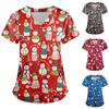 Women Short Sleeve V Neck Christmas Cartoon Pattern Tops Pocket Working T-shirts Non-positioning Print