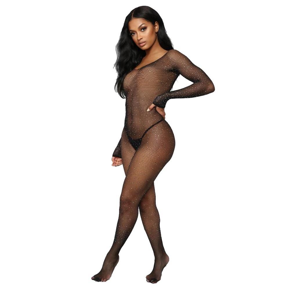 Sexy Shiny Hollow Long Sleeve Bodysuit Lingerie Plus Size Woman Fishnet Costumes Black Mesh Stocking Body Suit