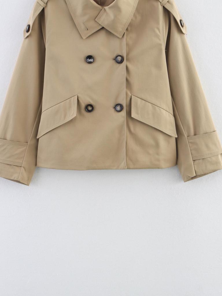 European and American Women's Double-Breasted Belted Short Trench Coat with Stand Collar