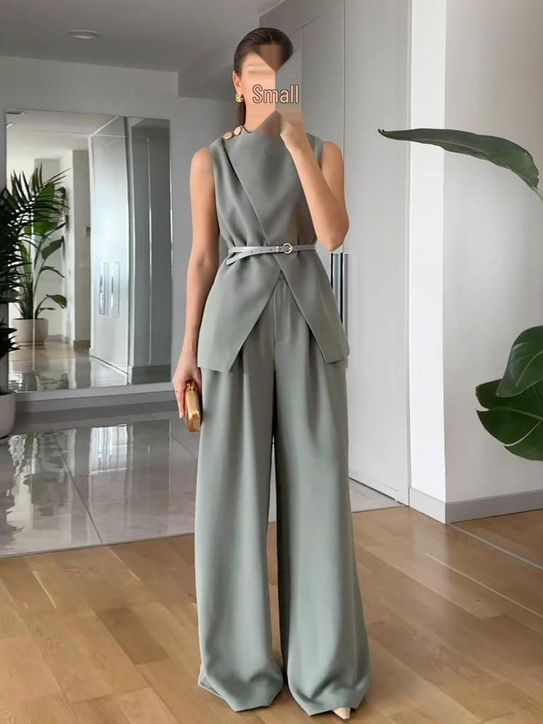 European & American Solid Color Sleeveless Top and High Waist Wide-Leg Pants Two-Piece Women's Set