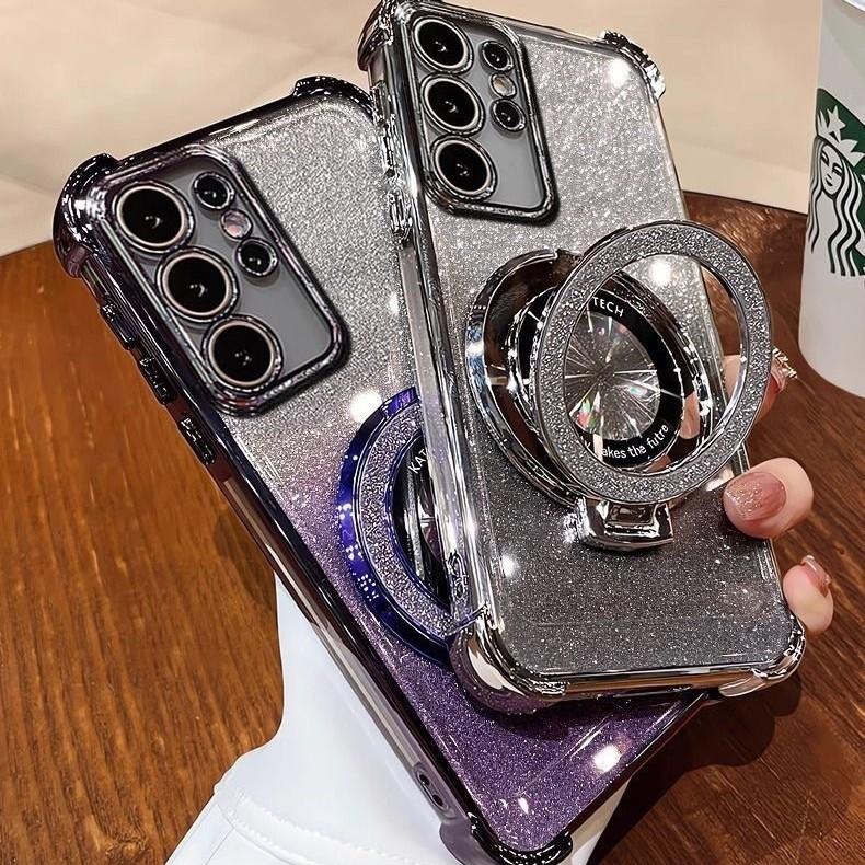 Suitable for Samsung S25ULtra Plating Flash Powder Airbag Magnetic Suction Bracket Mobile Phone Case A36 Anti Fall Full Cover Soft Shell A24