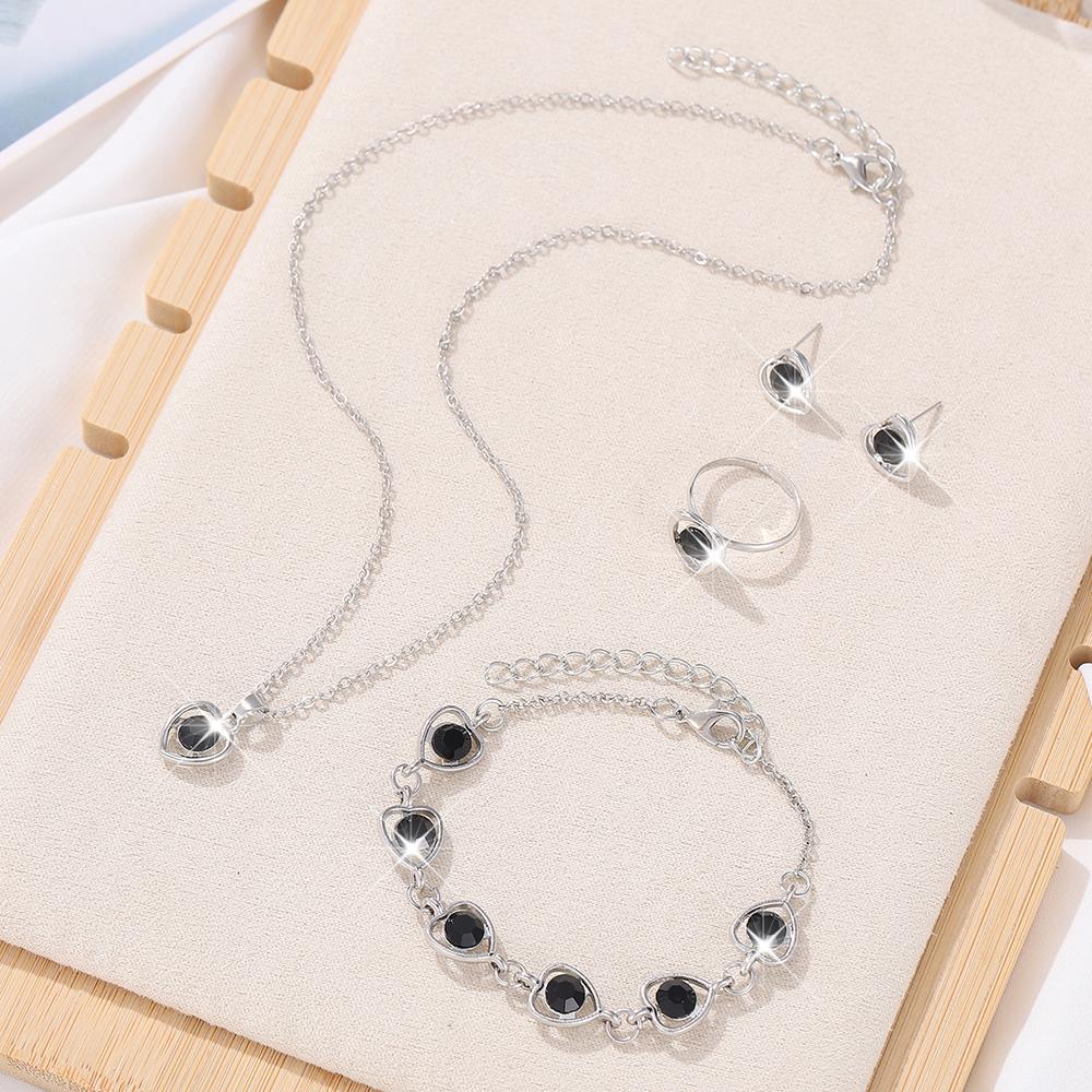 5 Piece Set Women Crystal Love Zircon Fashionable Elegant High End Peach Heart Necklace Earrings Rings Bracelets Necklace Set