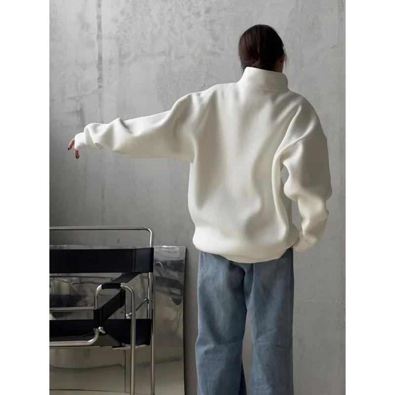 Western Style Fashion Casual Loose Stand Collar Half Zipper Pullover Hoodie Solid Loose Top Half Zip Top