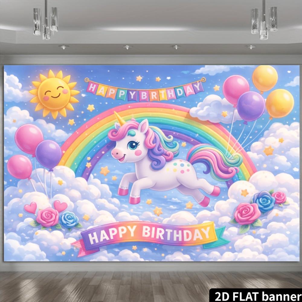 2D flat unicorn birthday party banner background  rainbow sun element  cloud blue sky design  unicorn leaping over rainbow shape
