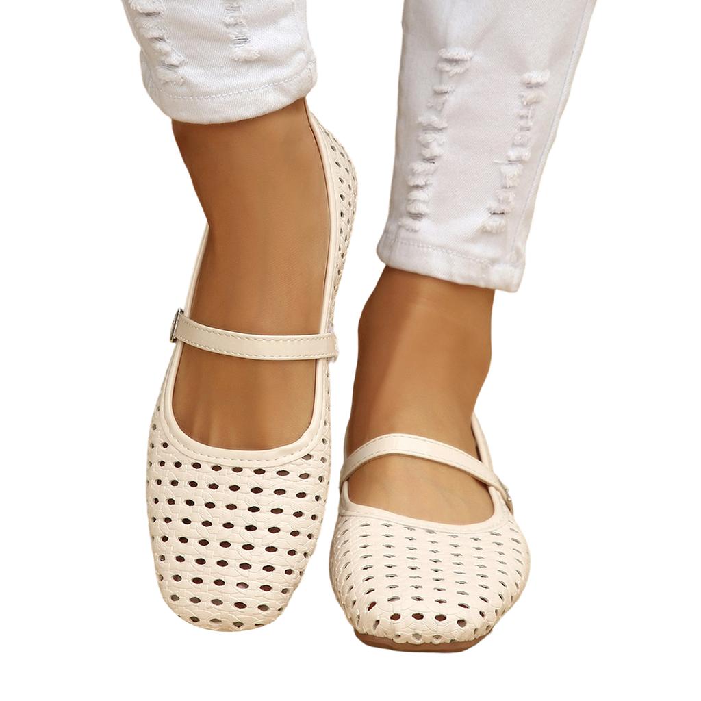 Women's Breathable Perforated Flat Shoes Adjustable Strap Lightweight Comfortable Casual Slip-On Footwear for Daily Wear