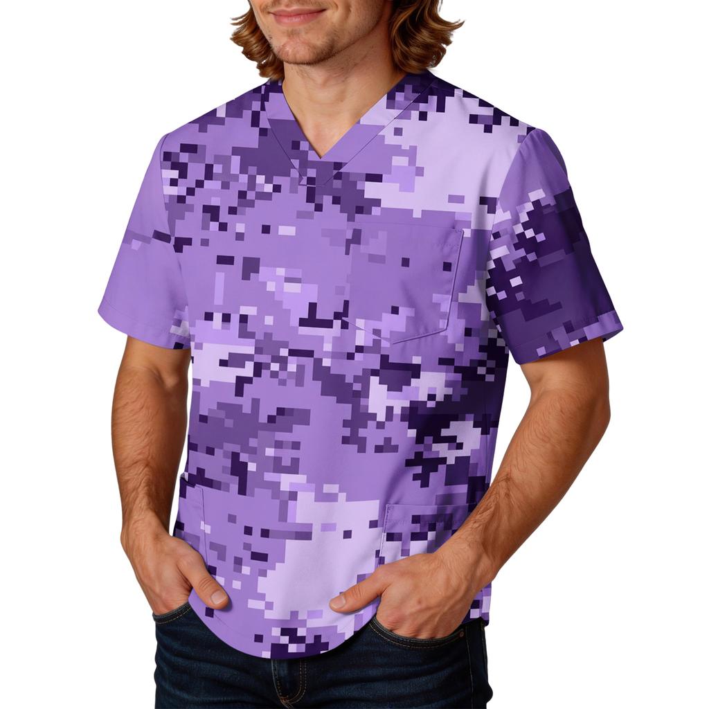 Mens V Neck Scrub Top with Camouflage Print Short Sleeve Classic Fit Lightweight Breathable Uniform Shirt